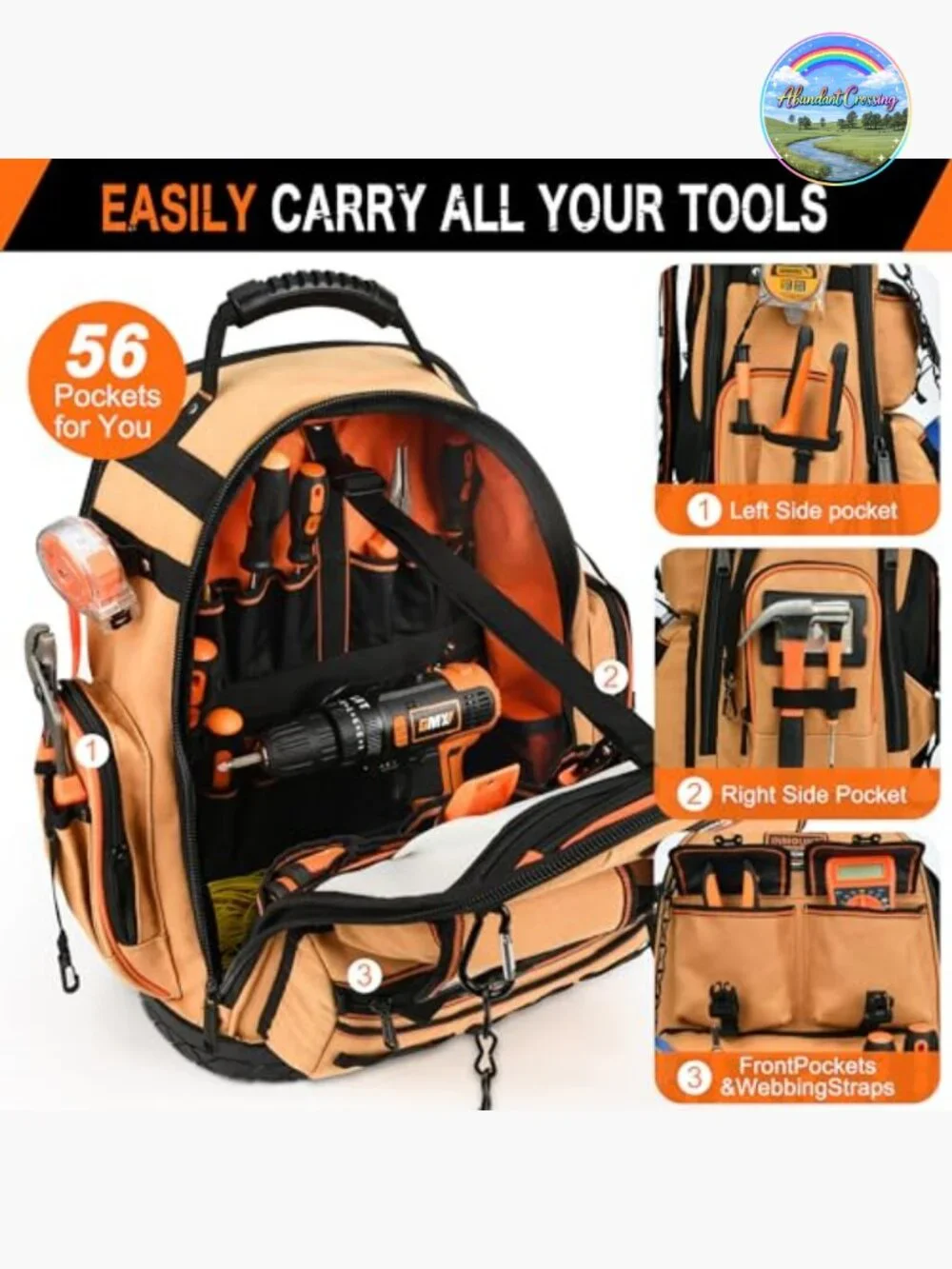 Tool Backpack 56 Pockets Heavy Duty Laptop Compartment Combination Lock 1680D